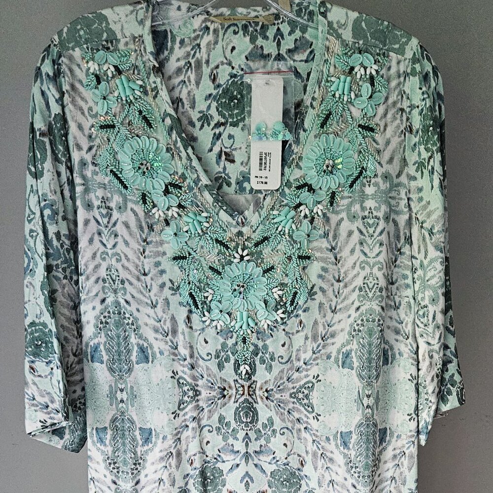 Soft Surroundings Beaded Green Floral Midi Dress New w Tags, Size Petite Medium